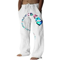 Машка Мода Секојдневен Печатен Ленен Џеб Панталони Со Врвки Панталони Со Големи Димензии Порибување Подарок Момче Бело XL