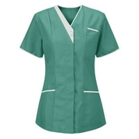 Блузи Работна Облека Краток Ракав Цврсти Врвови V-Вратот Мода За Жени Зелена XL