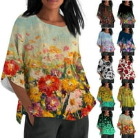 Women'sенски врвови летни обични памучни постелнини цветни печатени кошула блуза лабава вклопена случајна о-врата на вратот