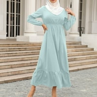 Облечен фустан со долги ракави на вратот за жени, женски летни фустани за жени муслимански патент цврста боја долги ракави облекуваат