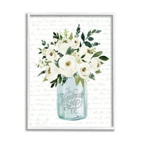 Stuple Industries White Blooms Flower Bouquet Classic Jar Script Graphic Art White Rramed Art Print Wall Art, Design со букви и наредени