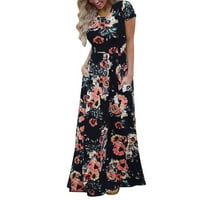 онхуон женски секојдневен цветен печатен фустан макси фустан со кратки ракави со џебови завиткајте летен фустан за жени фустани