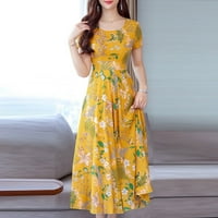 казка жените мода лето цветни краток ракав плажа средината на теле плажа фустан жолта xl