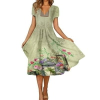Гдфун Женска Мода и Сите Натпревар Летен Темперамент В-Вратот Печатени Кратки ракави Фустан жените фустан