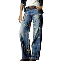 Деним фармерки со копче Олвенн, панталони за жени, тенок истегнување слаби тенок фит цветни печатени појаси на еластична половината