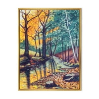 DesignArt 'Пејзаж со есенска шума зајдисонце река' Традиционална врамена платна wallидна уметност печатење