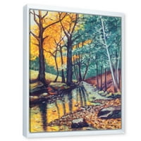 DesignArt 'Пејзаж со есенска шума зајдисонце река' Традиционална врамена платна wallидна уметност печатење