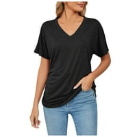 Женски Врвови Женска Мода Секојдневна Удобна Цврста Боја V-Вратот Краток Ракав Врвот Блуза Црна XL