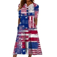 4 јули Фустан За Жени Плус Големина Американски Знаме Лактот Должина Ракав Миди Фустан